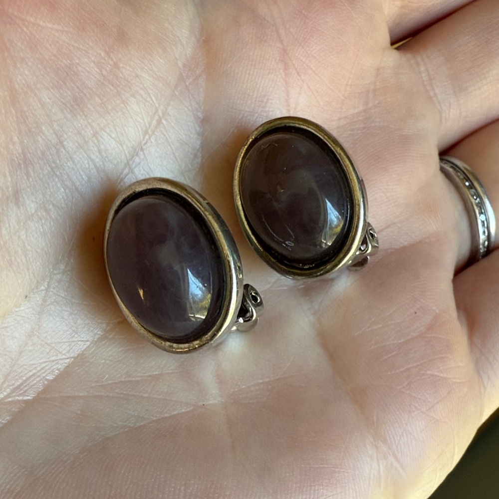 Vintage Silver-Tone Oval Purple Stone Clip-On Earrings